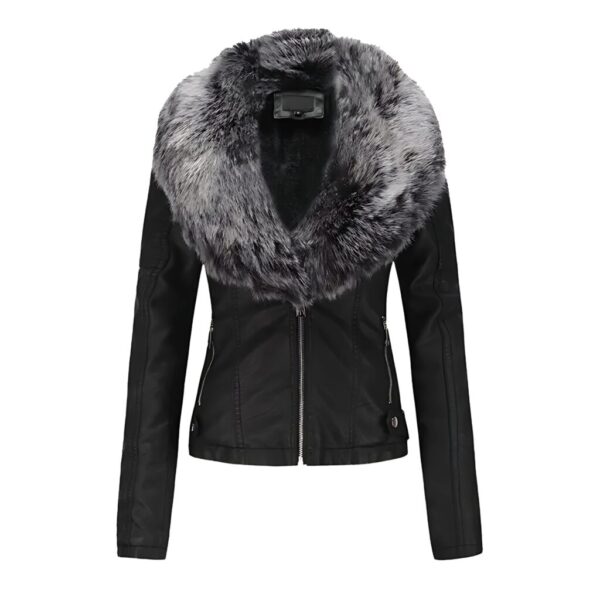 Women’s Black Faux Leather Jacket with Luxury Grey Fur Collar