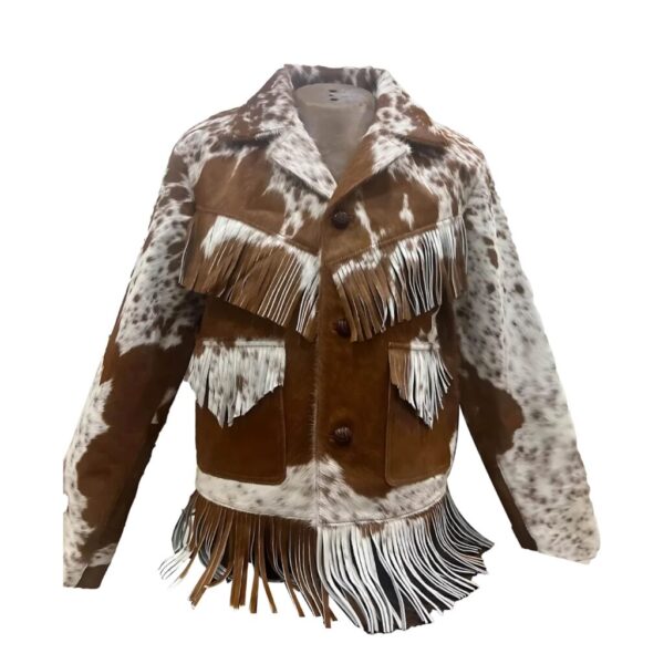 Dakota Cowhide Fringe Leather Jacket – Western Style Brown & White Cow Print Jacket