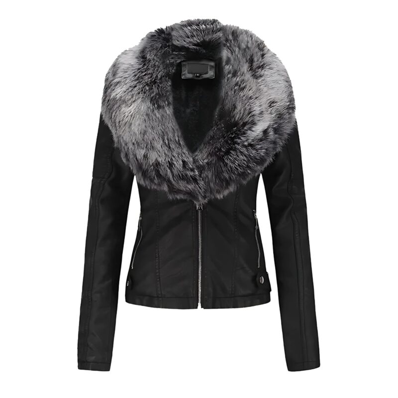 Luna Black Leather Jacket with Silver Faux Fur Collar – Elegant Winter Outerwear for Women