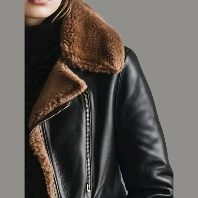 Ava Black Shearling Leather Jacket – Classic Winter Elegance for Women - Image 4