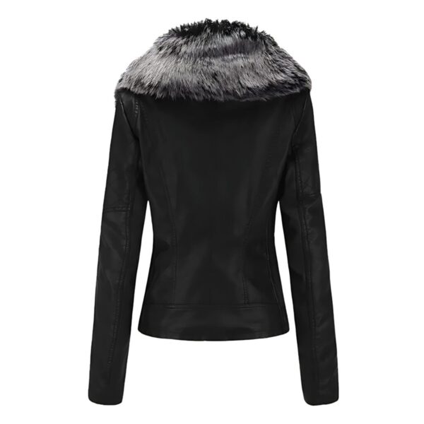 Women’s Black Faux Leather Jacket with Luxury Grey Fur Collar