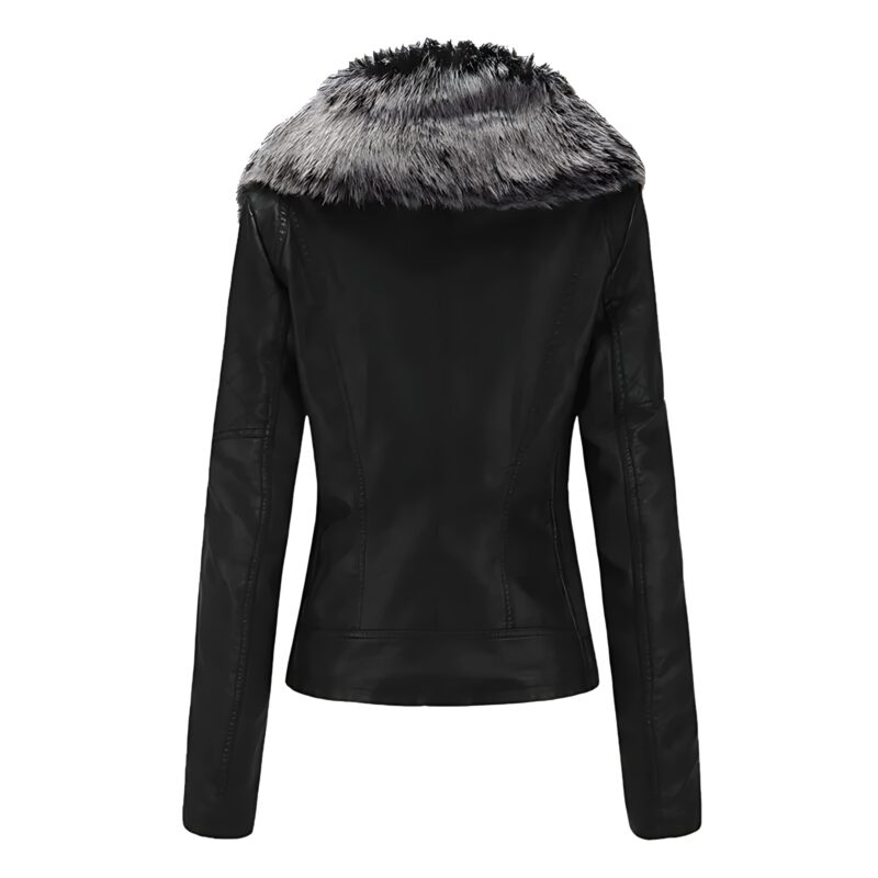 Women’s Black Faux Leather Jacket with Luxury Grey Fur Collar - Image 2