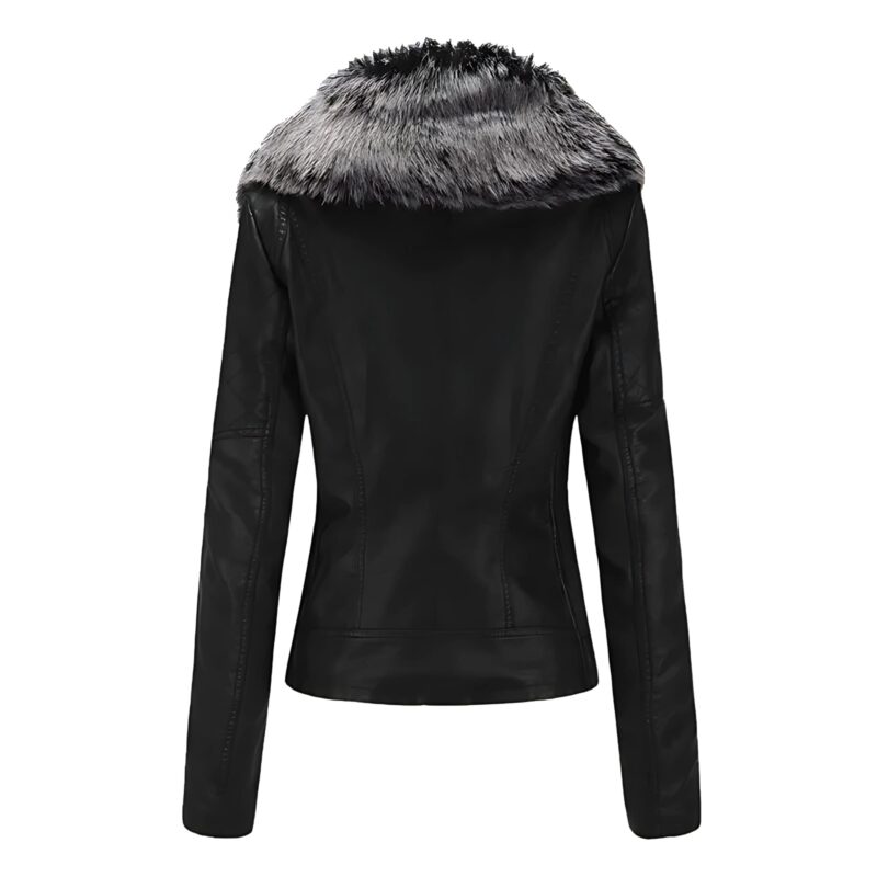 Luna Black Leather Jacket with Silver Faux Fur Collar – Elegant Winter Outerwear for Women - Image 2