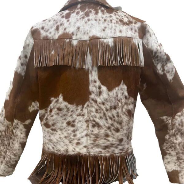 Dakota Cowhide Fringe Leather Jacket – Western Style Brown & White Cow Print Jacket