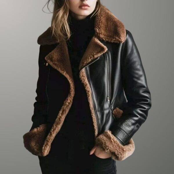 Ava Black Shearling Leather Jacket – Classic Winter Elegance for Women