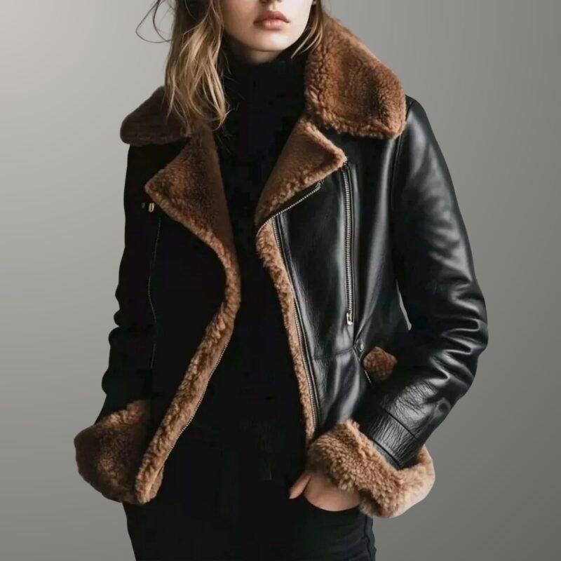 Ava Black Shearling Leather Jacket – Classic Winter Elegance for Women