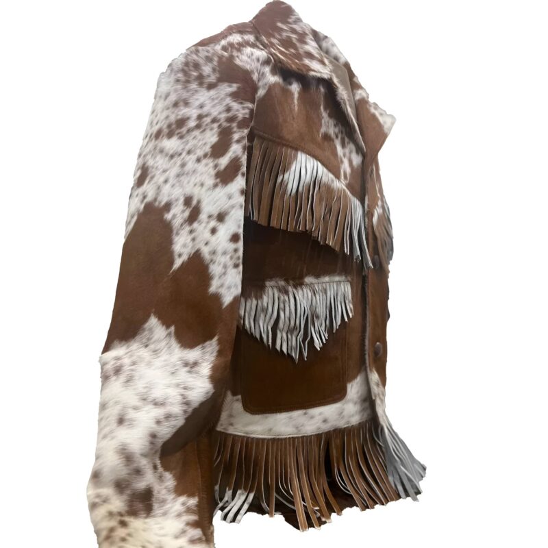 Dakota Cowhide Fringe Leather Jacket – Western Style Brown & White Cow Print Jacket - Image 3