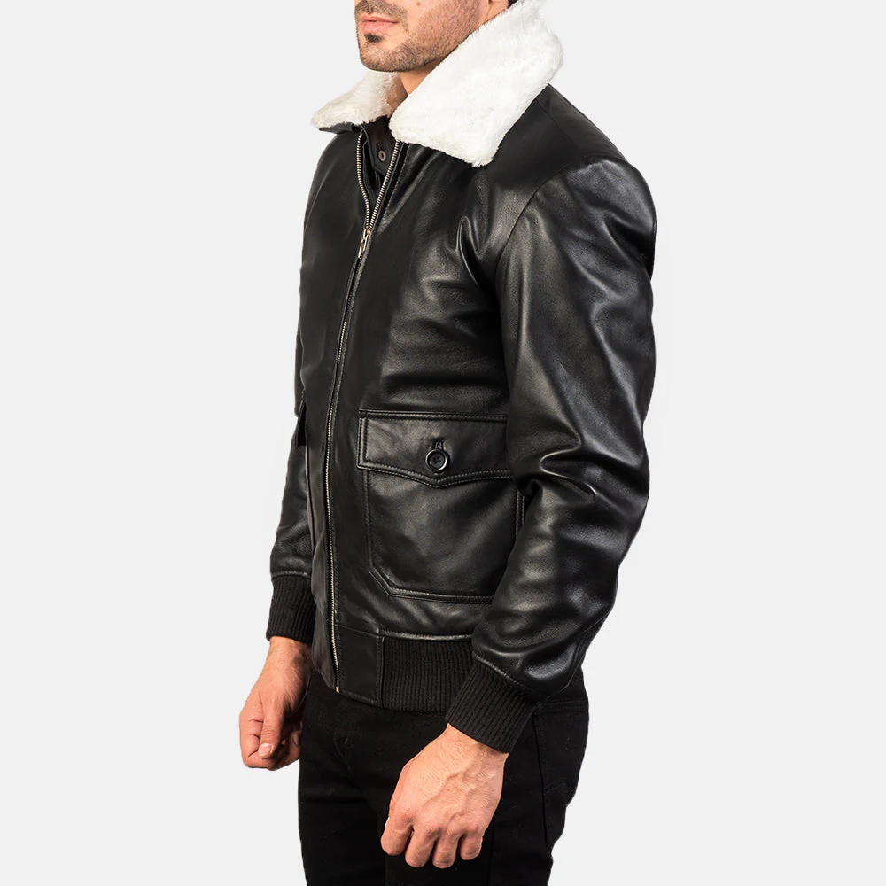 Airin G-1 Black & White Leather Bomber Jacket – Classic Aviator Style for Men - Image 2
