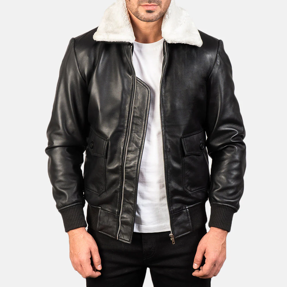 Airin G-1 Black & White Leather Bomber Jacket – Classic Aviator Style for Men