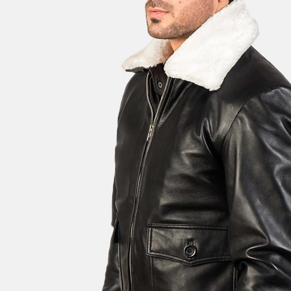 Airin G-1 Black & White Leather Bomber Jacket – Classic Aviator Style for Men - Image 3