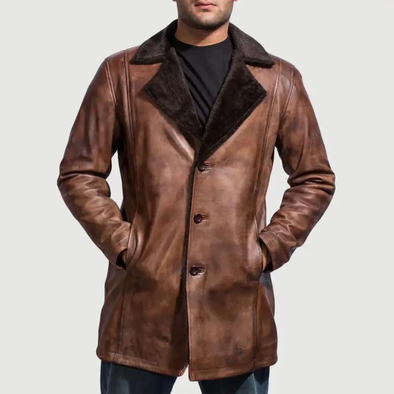 Cinnamon Distressed Leather Fur Coat – Vintage Luxury Outerwear