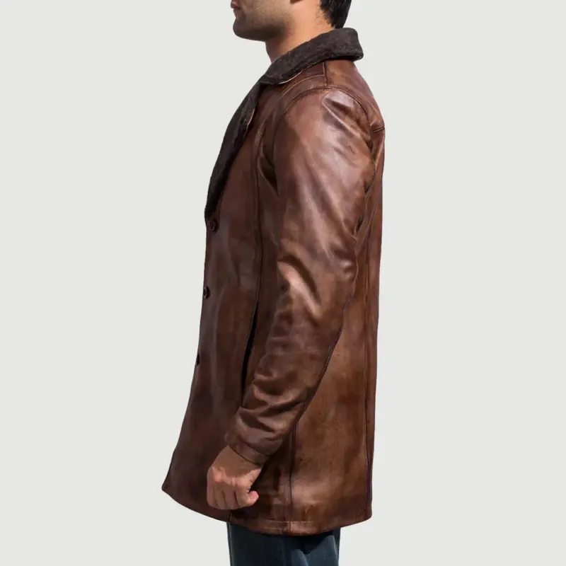 Cinnamon Distressed Leather Fur Coat – Vintage Luxury Outerwear - Image 4