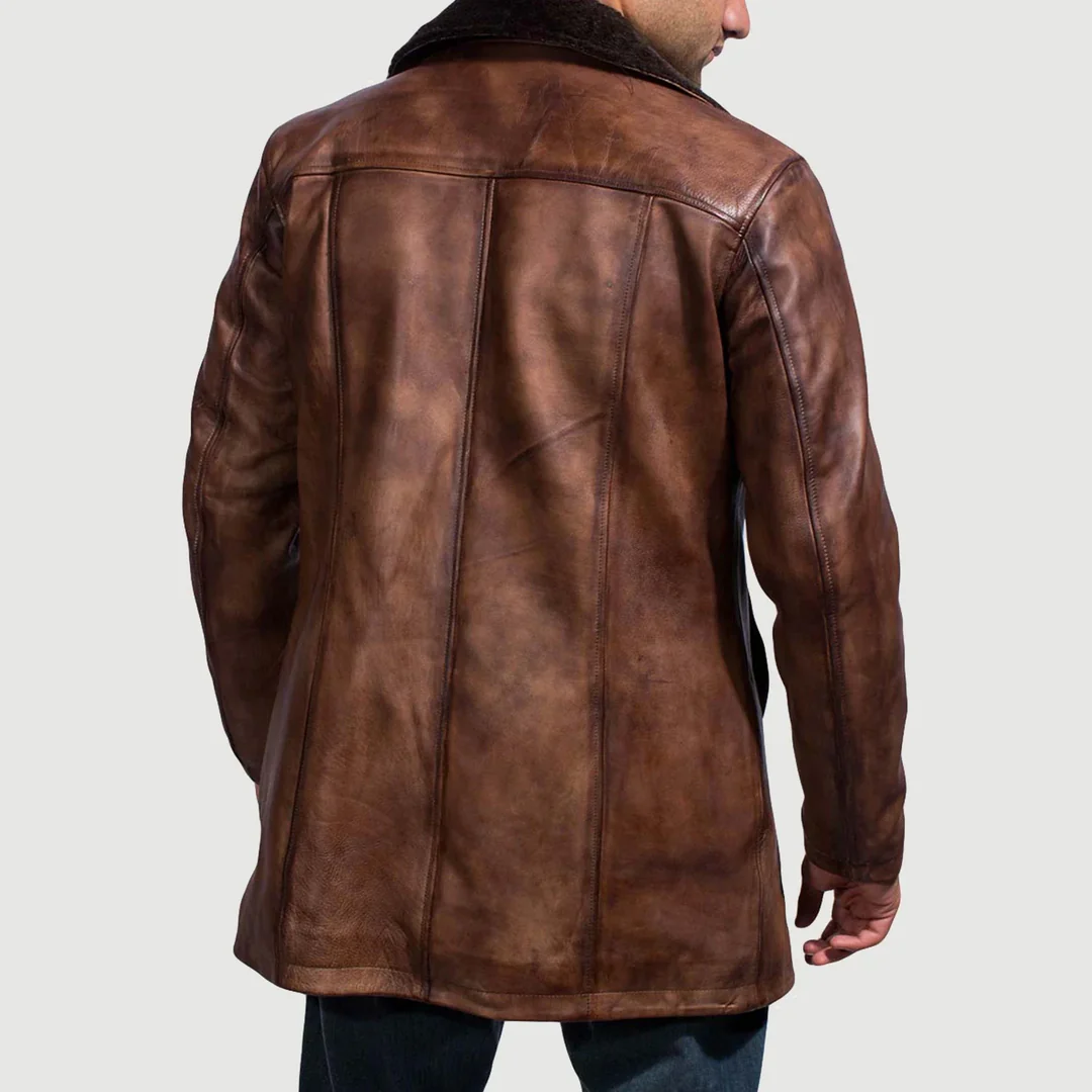 Cinnamon Distressed Leather Fur Coat – Vintage Luxury Outerwear - Image 3