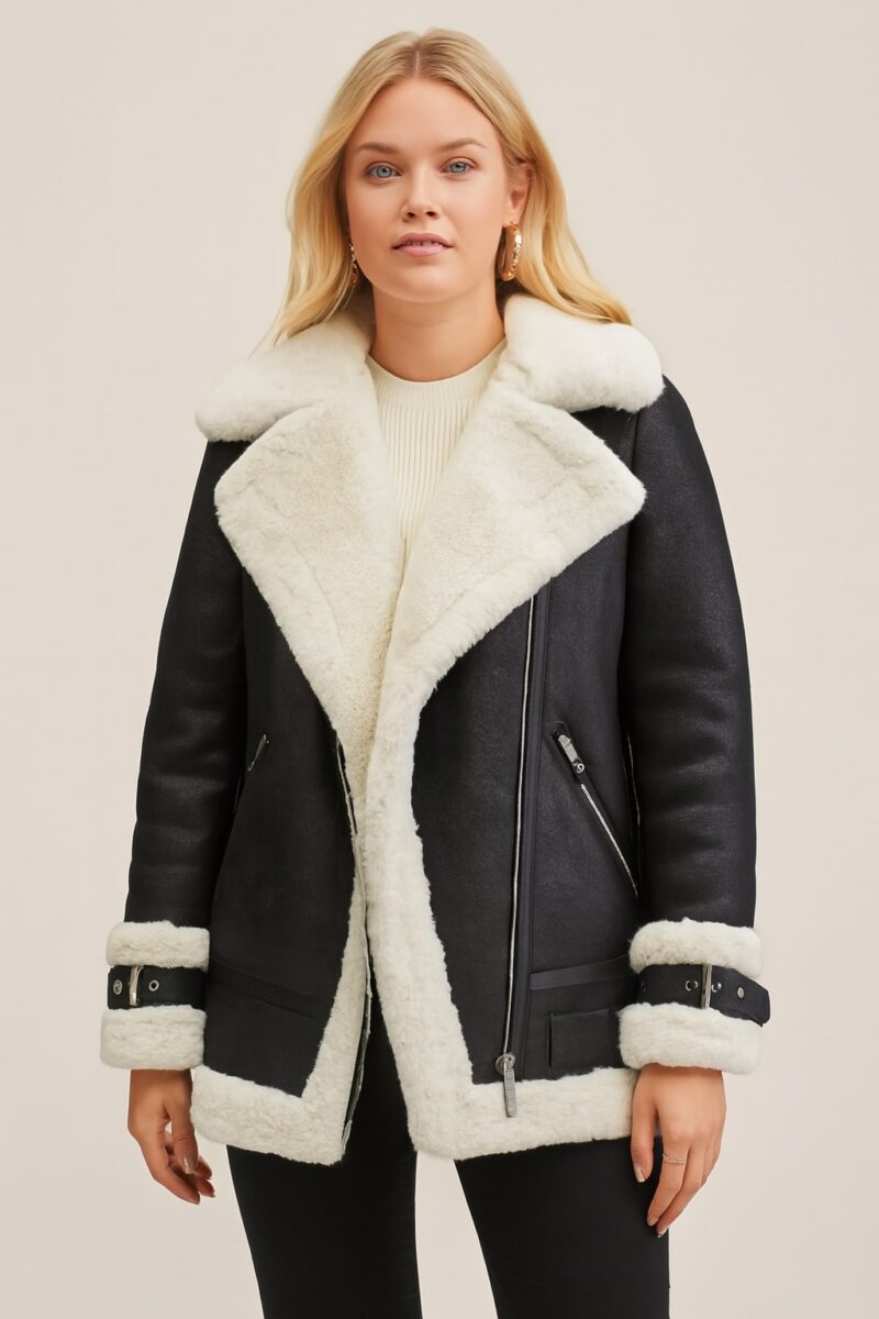 Clara Black Shearling Leather Jacket – Luxurious Winter Warmth for Women