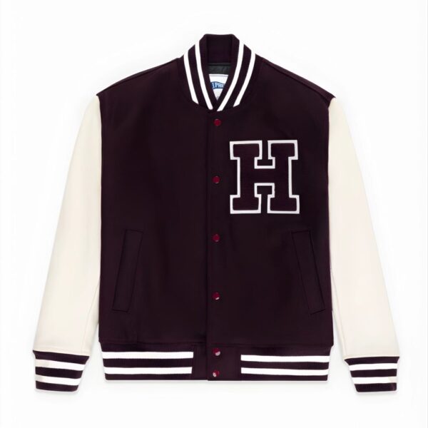 Men’s Varsity Jacket – Maroon & White Letterman Jacket with “H” Patch | Winter Casual Wear