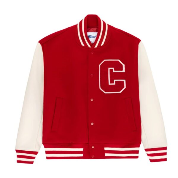 Men’s Red & White Varsity Jacket – Classic Letterman Baseball Snap Button Jacket