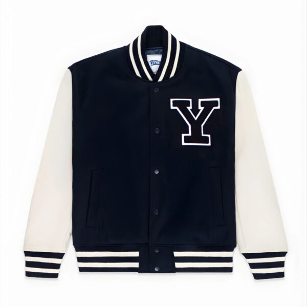 Men’s Black & White Varsity Jacket – Classic Letter “Y” College Baseball Snap Button Jacket