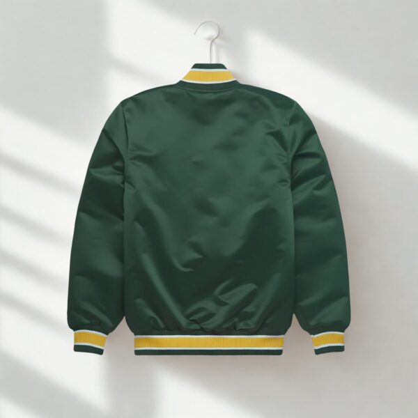 Men’s Green Satin Varsity Jacket – Classic Letter “A” Baseball Snap Button Jacket