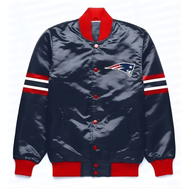 Men’s Navy Blue Satin Varsity Jacket – Classic Snap Button Baseball Jacket with Red Accents