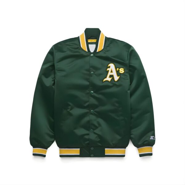 Men’s Green Satin Varsity Jacket – Classic Letter “A” Baseball Snap Button Jacket