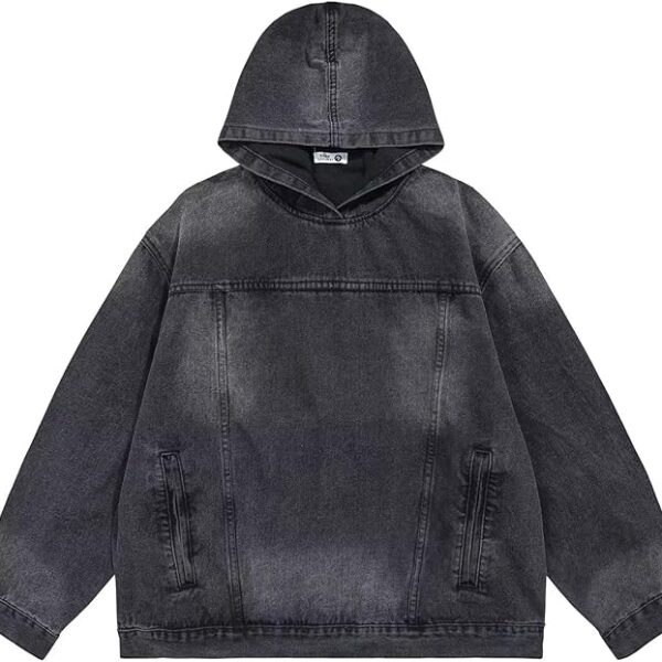 Premium Washed Charcoal Denim Hoodie Jacket – Oversized Cotton Streetwear Hoodie