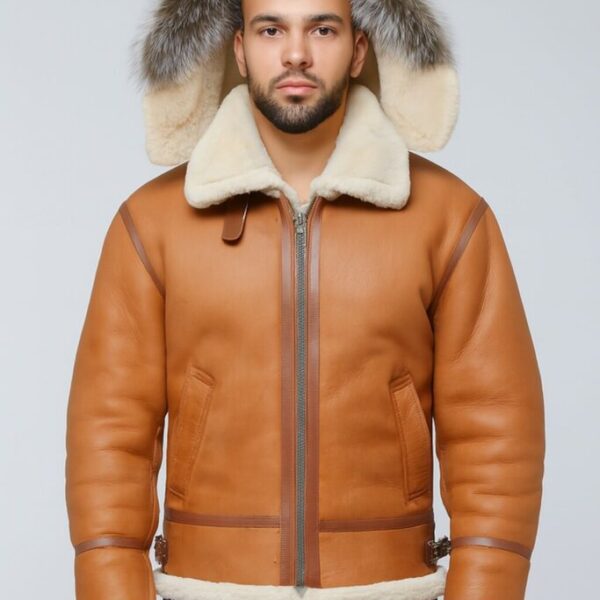 Men’s Tan Hooded Shearling Aviator Leather Jacket