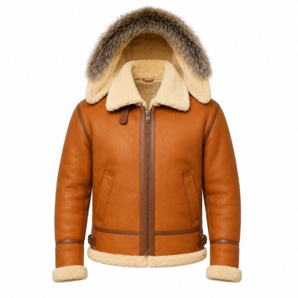 Men’s Tan Hooded Shearling Aviator Leather Jacket